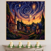 Whimsical 4th of July Village with Fireworks, American Flags, and Glowing Cottages Under a Swirling Starry Sky, Festive Celebration of Patriotism and Magic on Ready to Hang 1.5" Thick Canvas Wrap, Floating Framed Canvas, Flat Rolled Canvas